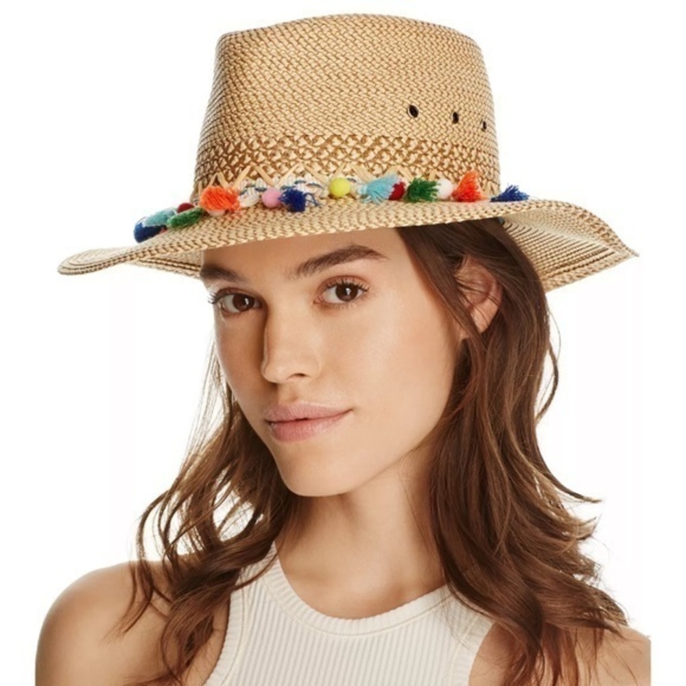Eric Javits Straw Fedora Hat with Multicolor Pom Pom Trim